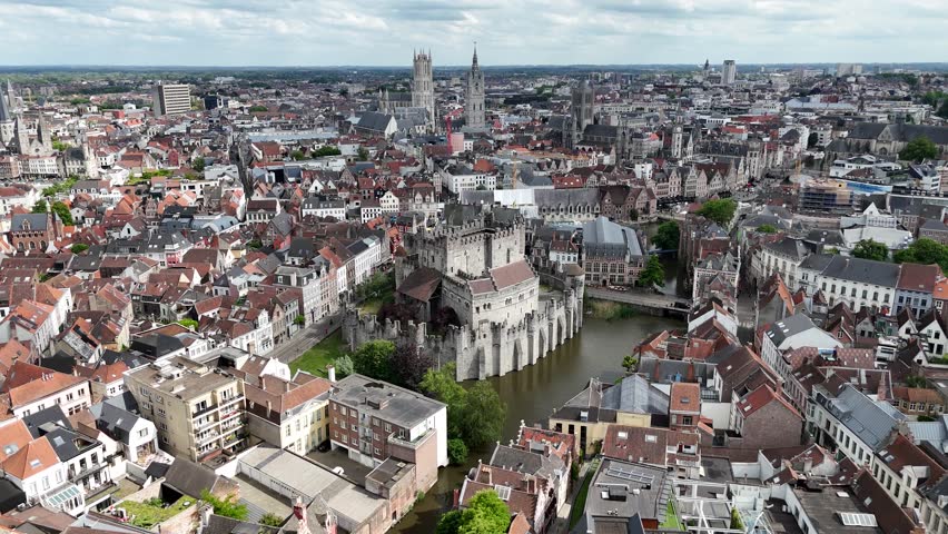 Panning drone aerial Gravensteen, Medieval castle Ghent Belgium
