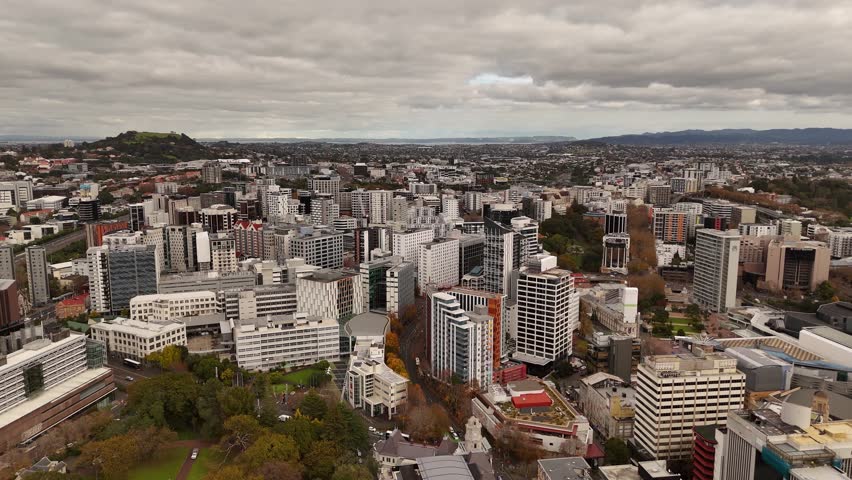 Auckland urban cityscape, buildings and city streets, New Zealand. Aerial drone panoramic view