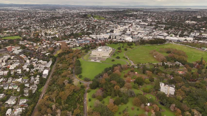 Historic Auckland War Memorial Museum, park, cityscape, New Zealand. Aerial drone panoramic view
