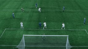 Soccer Championship: Blue Team Forward Attacks and Scores Goal, Football Players Celebrate Victory, Win Major League Cup. Sport Channel Broadcast Television Playback. High Angle Footage Over the Gate - Powered by Shutterstock - Get 15% off with code: PIKWIZARD15