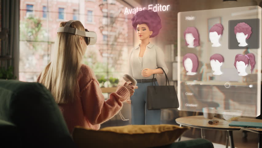 Woman Sitting on a Sofa at Home, Using Virtual Augmented Reality Headset to Create a Female Avatar. She is Using Controllers, Choosing a Hairstyle, Changing Color Until Finding a Best Match