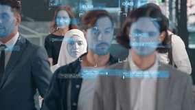 Smart City Surveillance System Using Facial Recognition and AI to Scan Pedestrians on a Crowded Sidewalk. Augmented Reality Interface Highlights Faces and Tracks Movement in Real Time - Powered by Shutterstock - Get 15% off with code: PIKWIZARD15