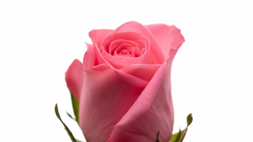 Soft pink rose slowly opens on clean white background, revealing delicate petals and natural textures in smooth close-up timelapse.