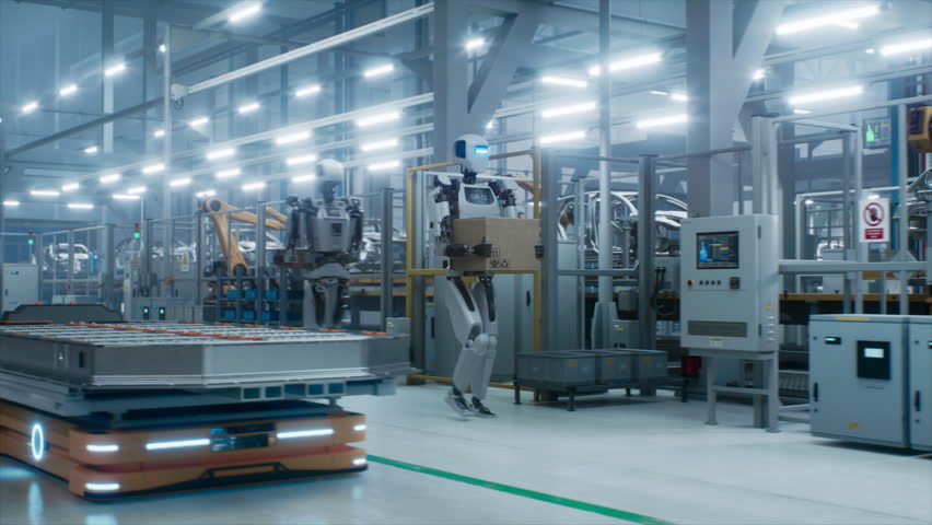 Humanoid Robot Carries a Sealed Cardboard Box Across a Clean, Modern Car Factory with Programmable Robotic Arms. Automated Platform Transporting EV Car Battery Module Next to the Robot.