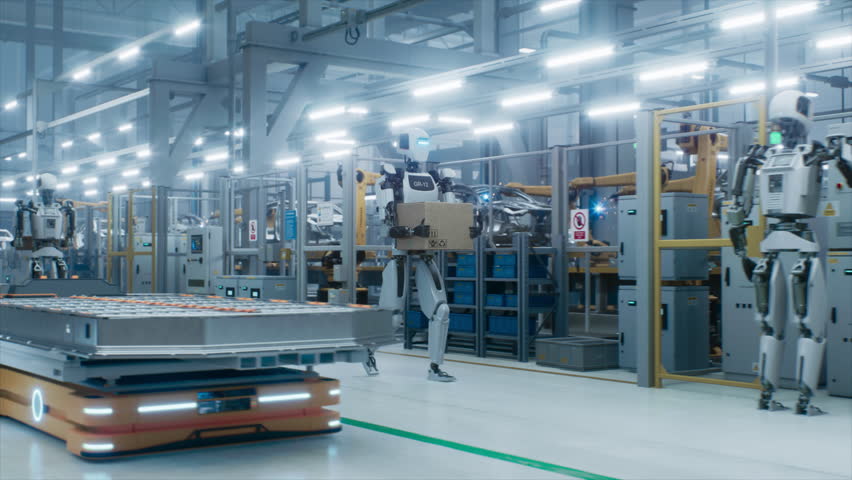 Humanoid Robot Carries a Sealed Cardboard Box Across a Clean, Modern Car Factory with Programmable Robotic Arms. Automated Platform Transporting EV Car Battery Module Next to the Robot.