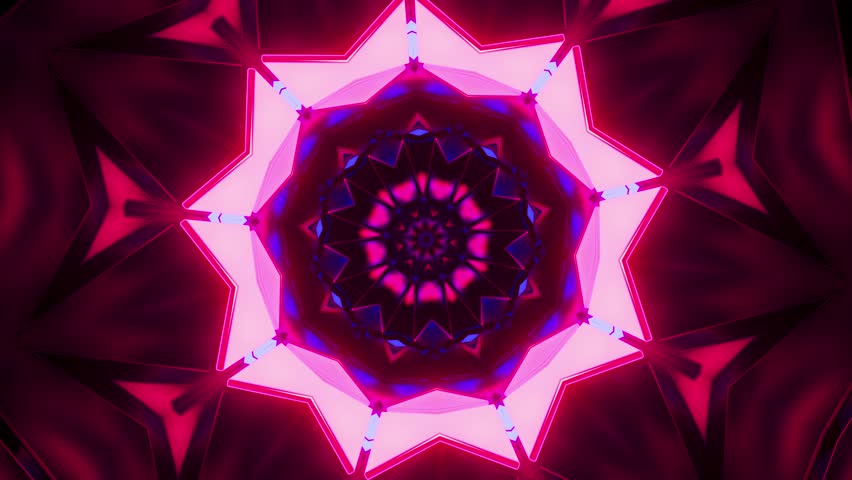 A vibrant, colorful, and abstract digital artwork featuring a symmetrical pattern of triangles and lines in shades of pink, blue, and red. Looped animation
