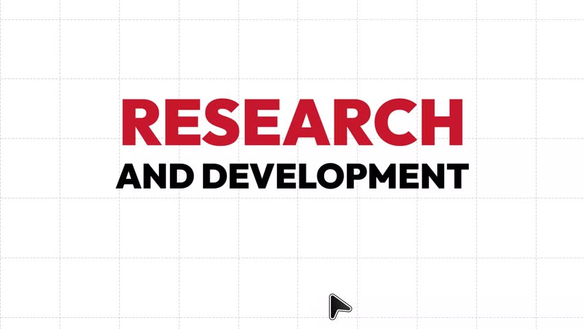 Research and Development typography dragging on the white backdrop with cursor, 4k animation. Topic name, R and D