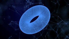 Futuristic 3D rendering of a glowing blue torus constructed with a wireframe mesh structure, floating in a dark digital background filled with abstract lines and connection points Seamless loop. - Powered by Shutterstock - Get 15% off with code: PIKWIZARD15