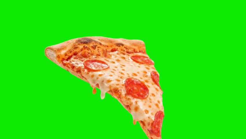 A realistic slice of pizza floats mid-air, rotating slowly with melted cheese stretching naturally from the edge. 360 Rotation on Clean green screen background.