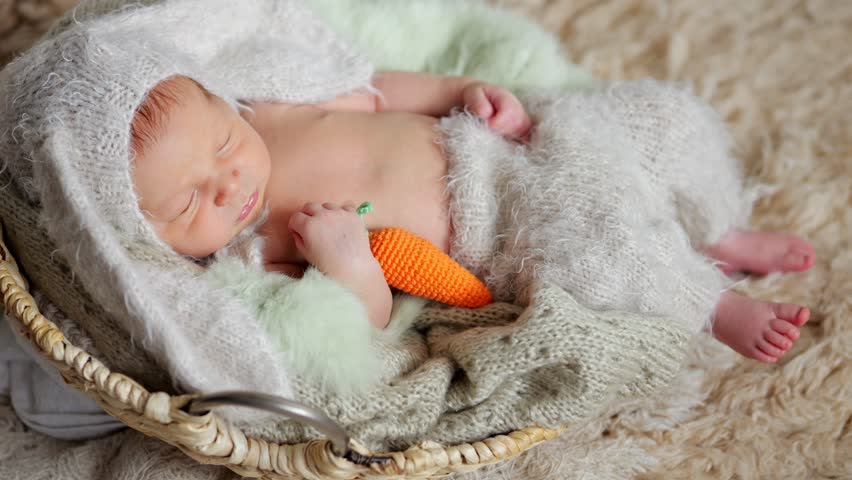 Newborn baby sleeping peacefully in a basket on a soft blanket, holding a small knitted carrot toy
