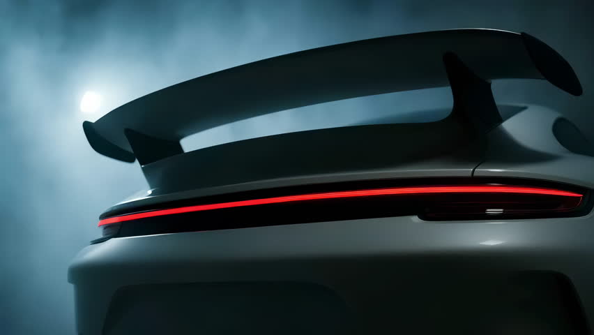 A stunning view of a sports cars rear, showcasing a vibrant spoiler and bright illuminated tail lights