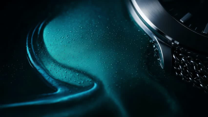 This is a stunning macro shot showcasing a luxury watch beautifully set against a glimmering aqua backdrop