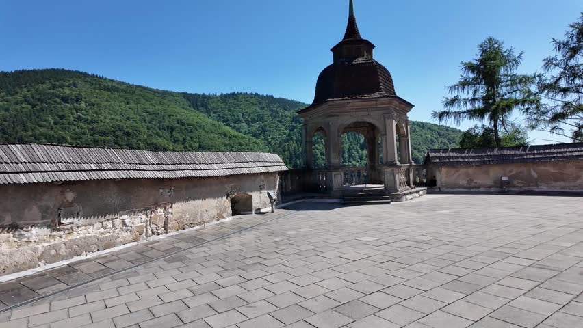 White stone terrace view of old medieval Orawski castle Oravský hrad aerie Slovakia fortress