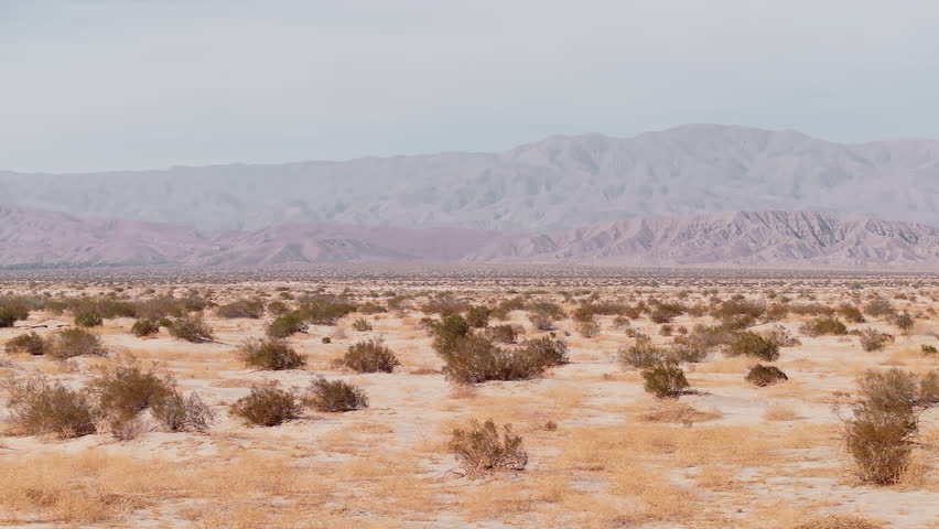 Stretching vistas of the Barstow desert showcase a serene natural landscape. The dry terrain features scattered shrubs and distant mountains, creating a tranquil and timeless atmosphere.