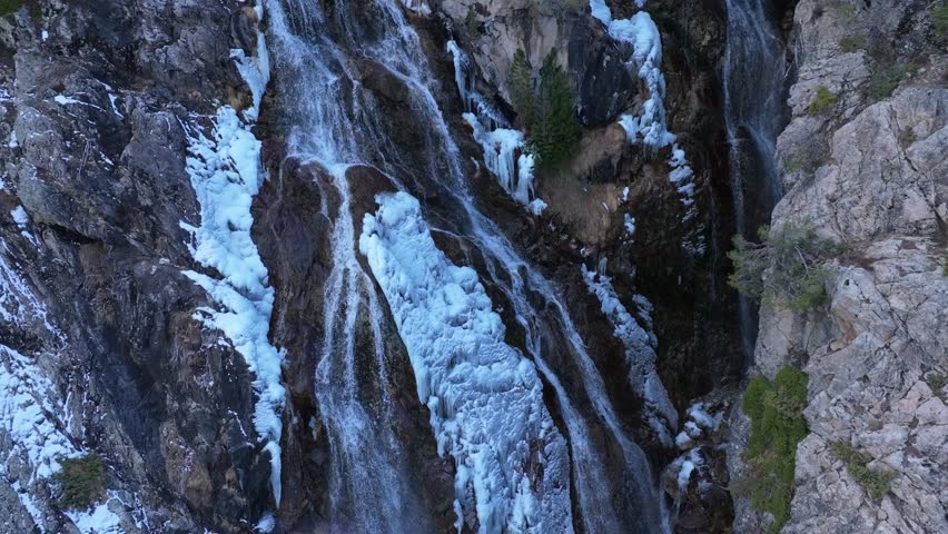 Winter landscape of the Argualas Waterfalls in Panticosa, Tena Valley, Alto Gallego region, Huesca, Aragon, Spain, Europe.
