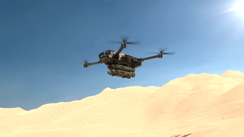 Military drone firing missiles in desert, Unmanned aerial vehicle launching missiles