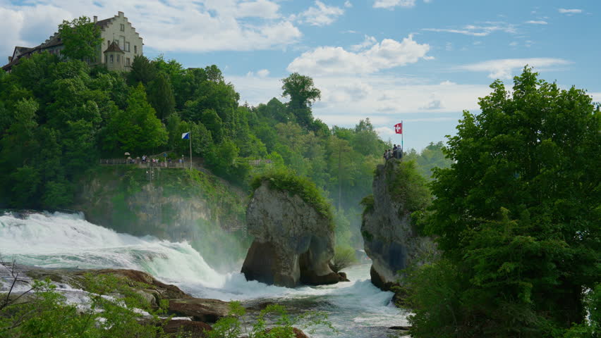 Switzerland Rhine Falls waterfall. Largest natural river waterfall Europe