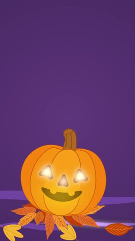 Vertical Halloween animation with falling autumn leaves, a winking jack-o'-lantern gently swaying, a flying ghost, and "Happy Halloween" message appearing on purple background Perfect for festive use
