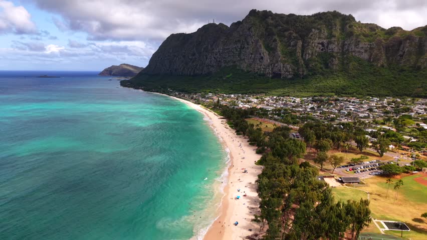 Panoramic view of people on Waimānalo Beach in Oahu, Hawaii, aerial