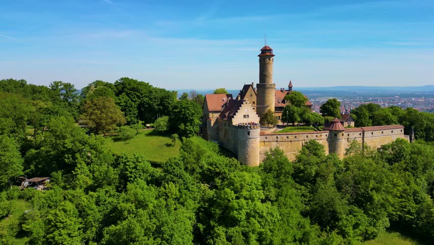 4K Aerial Drone Video of the Historic Bamberg Castle Overlooking Bamberg, Germany on a Beautiful Spring Day