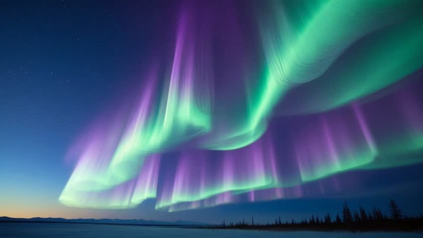 Stunning aurora borealis lights dance across the night sky in vibrant shades of green and purple, creating a breathtaking natural display over a snowy landscape. 4K