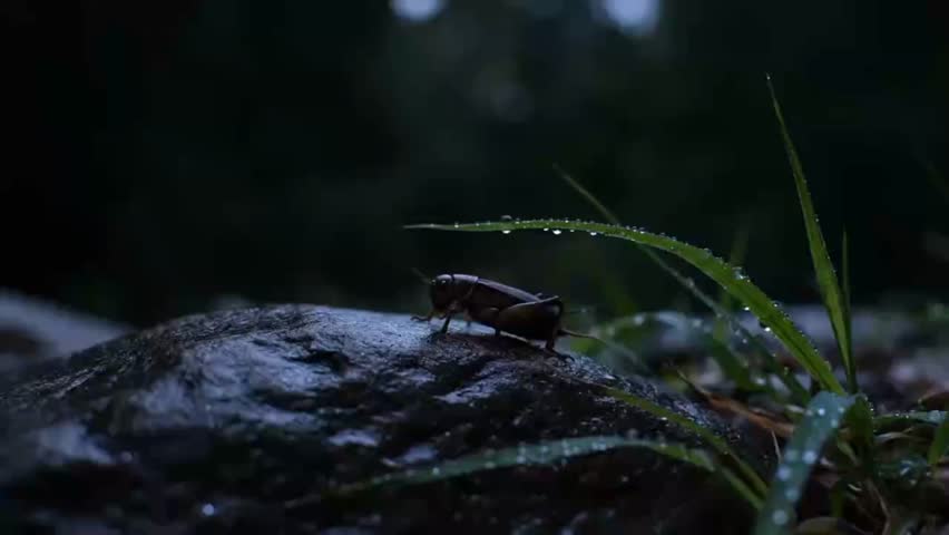 Cricket chirps on wet stone in quiet Moonlight night