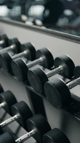 Close-up shot of a person selecting dumbbells in a gym. The shot emphasizes the weights and the person's hand reaching for them. The gym environment is visible in the background, fitness theme.