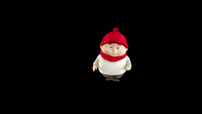3D cartoon boy dancing with funny moves in red hat. Luma matte is placed after the main clip for compositing. Ideal for animation, editing, and motion design.