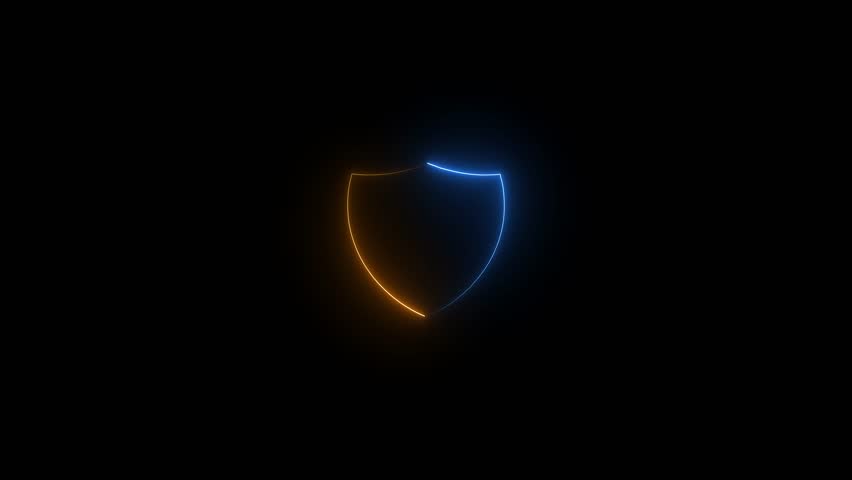 Glowing Neon Glitch Shield icon on black background. safety, and digital security