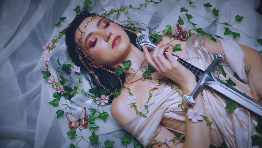 beauty fashion model fantasy girl sleeping lying on white sheets covered with flowers, ivy green plants. enchanted princess holds sword in hands eyes closed. Night Black dark room. Gothic woman queen.