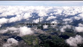 Military transport aircraft flying above dense clouds with propellers spinning steadily. Aerial view reveals green landscape and urban areas below. Showcases aviation power, precision, and strategic. - Powered by Shutterstock - Get 15% off with code: PIKWIZARD15