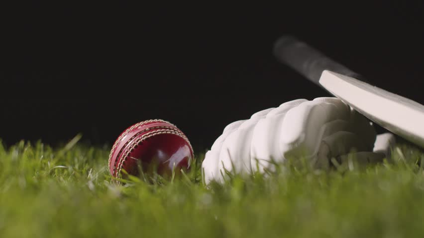 cricket still life with close up of bat ball and gloves lying in grass 1 stock video