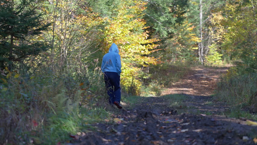 Walking through muddy tracks in autumn woods with colorful foliage