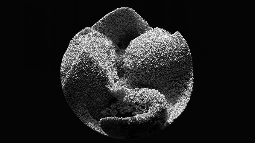 3d render of monochrome black and white abstract art video animation with surreal ball or sphere based on motion small aluminium chrome dust particles in splash as water wave on isolated black back 