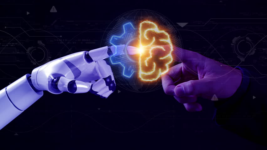 Human hand touching robot hand, symbolizing AI integration, future technology, digital transformation, and human-machine connection. Illustrates artificial intelligence, innovation, big data, smart so