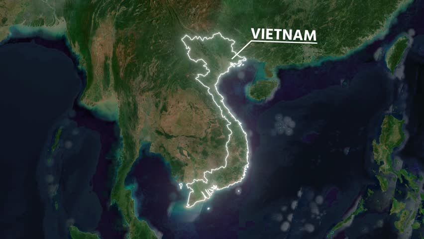 Zoom from Earth to Vietnam. Glow outline map animation satellite view with highlighted country borders. Cinematic documentary 3d world map animation highlights aerial views, tourism, and travel. 4k