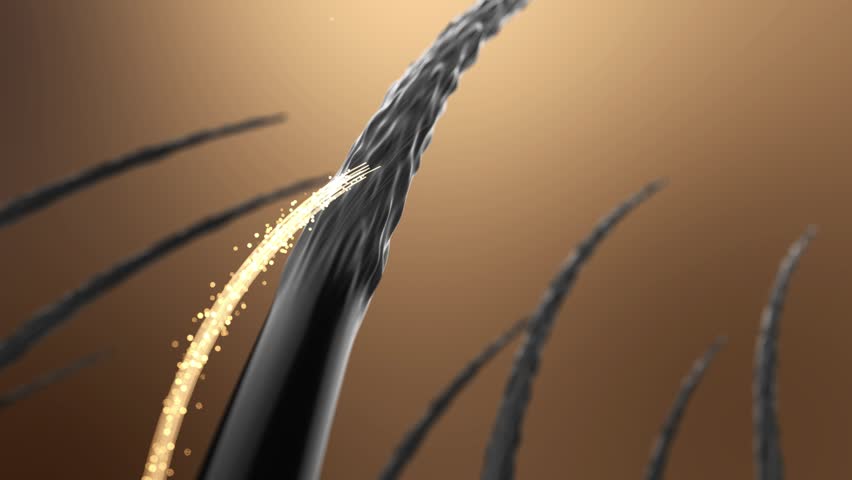 Shampoo or conditioner,essence nourishes hair, golden essence balls connected, dripping on hair to make it smooth, prevent hair loss, make fluffy and strong, Hair care advertising, 3D animation.