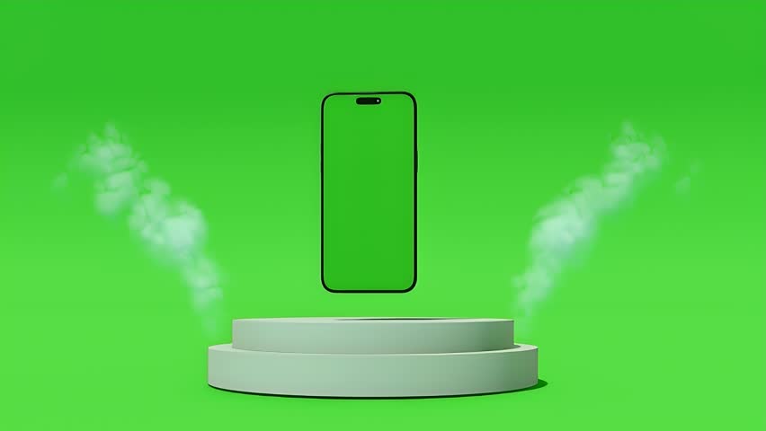 A 3D animated smartphone with a customizable green screen display, floating over a white pedestal with smoke effects. Suitable for product reveals, technology showcases, and modern presentations.