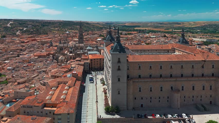 Aerial view of the historic cityscape of Toledo, Castilla-La Mancha, Spain. Beautiful medieval city with the Alcazar of Toledo, Cathedral de Santa Mari, UNESCO World Heritage Site.