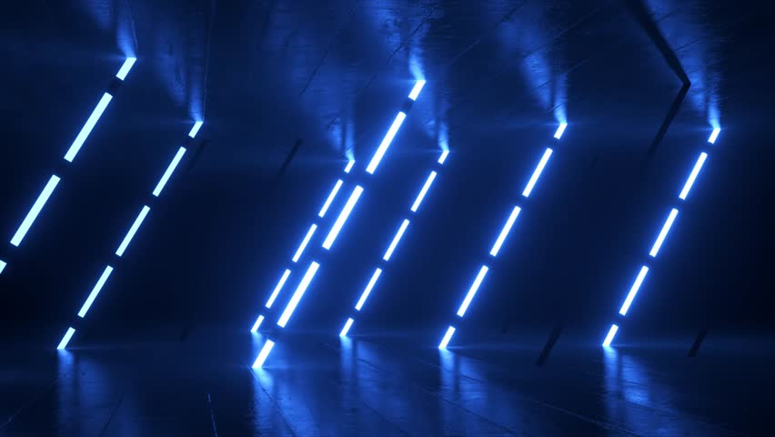 Neon light switching on and off inside dark room, creating vibrant blue illumination against shiny floor and dark walls, representing futuristic technological energy with dynamic. 3D Illustration