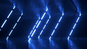Neon light switching on and off inside dark room, creating vibrant blue illumination against shiny floor and dark walls, representing futuristic technological energy with dynamic. 3D Illustration - Powered by Shutterstock - Get 15% off with code: PIKWIZARD15