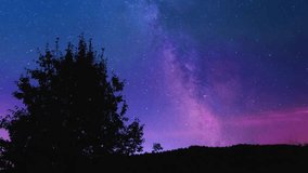 Cosmic panorama featuring vibrant pink and purple night sky illuminating lone tree silhouette while revealing majestic milky way galaxy rising against darkened wilderness landscape - Powered by Shutterstock - Get 15% off with code: PIKWIZARD15