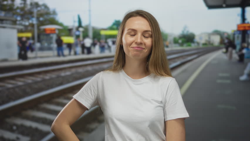 Young woman standing confidently at a train station platform with railway tracks in the background, smiling with hands on hips, enjoying an outdoor urban setting.