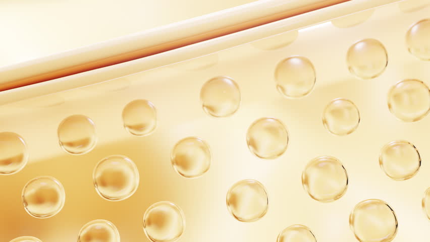 3D animation of golden skin cell structure showing mesh-like molecules for luxury skincare and anti-aging cosmetic use.