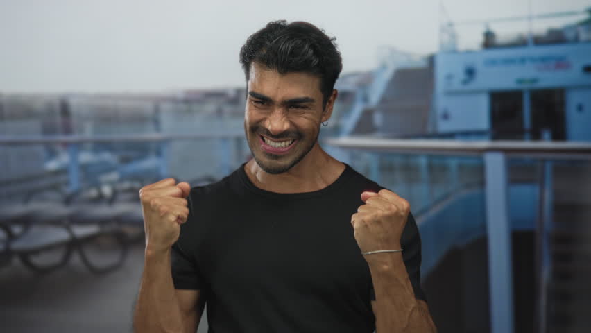Young hispanic man smiles broadly and clenches fists on cruise deck by seaside building; excitement joy enthusiasm exhilaration.