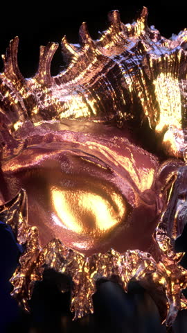 Seashell shimmers with rainbow colors on black background with glossy surface and vibrant reflections in front view, for jewelry promo footage