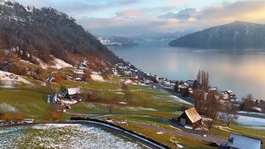 Snow-Kissed Village by Mirror Lake