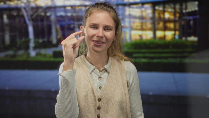 Woman positions her hand to pinch a small spark in an urban setting, where a blonde and young figure blends with the city glow at night, highlighting a single fingertip and bright smile.
