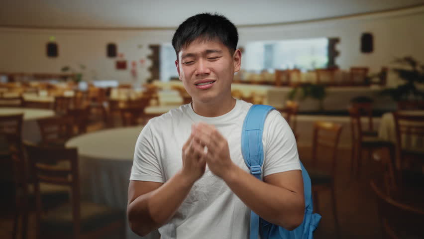 Young man with backpack covers face in indoor restaurant setting, suggesting stress or anxiety, surrounded by empty tables and chairs, conveying solitude or contemplation.
