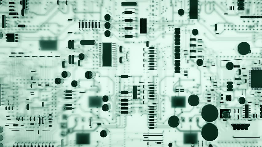 Motherboard surface with glowing circuits and components illuminated by blue light on dark background in smooth tracking shot, for technology promo footage